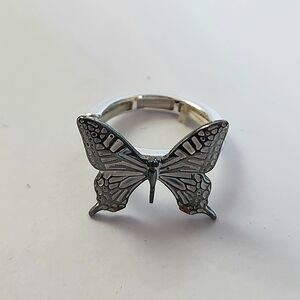 Butterfly Adjustable Silver Ring Black And White Enamel